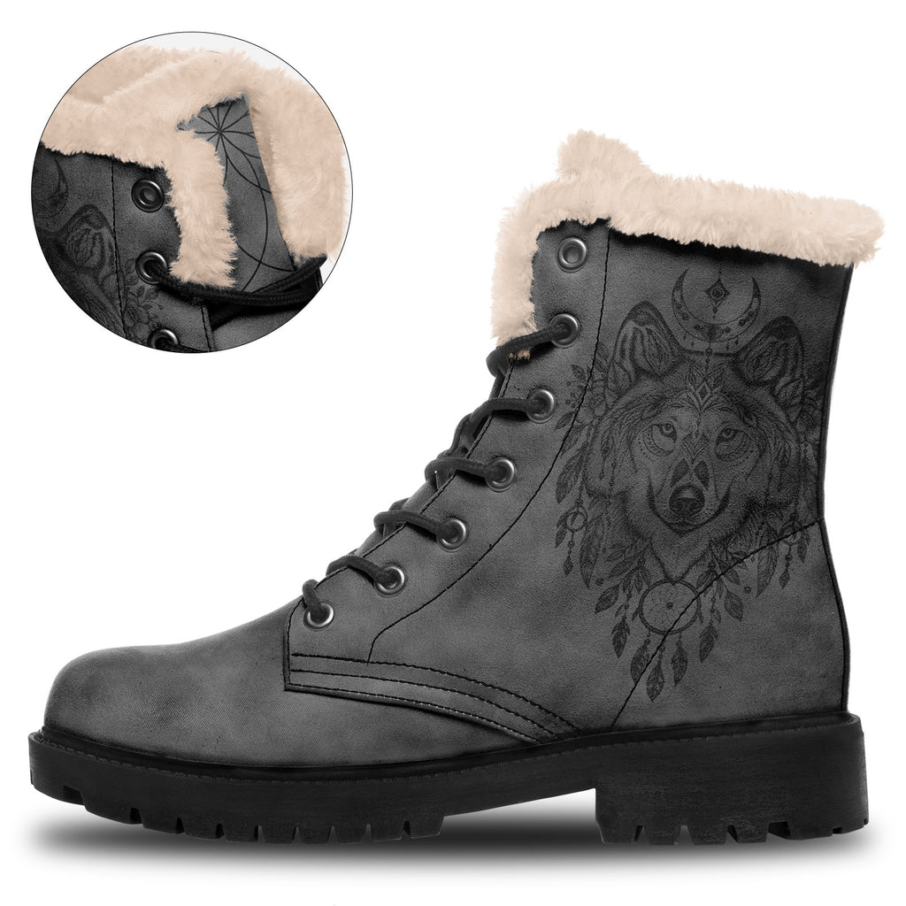 Personalized Boho Wolf Floral Combat Boots – Cozy Fur Lined Winter Snow Boots, Custom Gift for Her