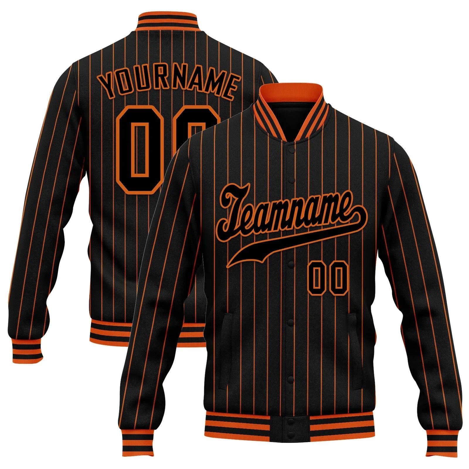 Custom Black Orange Stripe Fashion Jacket Bomber Full-Snap Varsity Letterman Personalized Jacket FZ005-D020219-3 - Coolcustomize