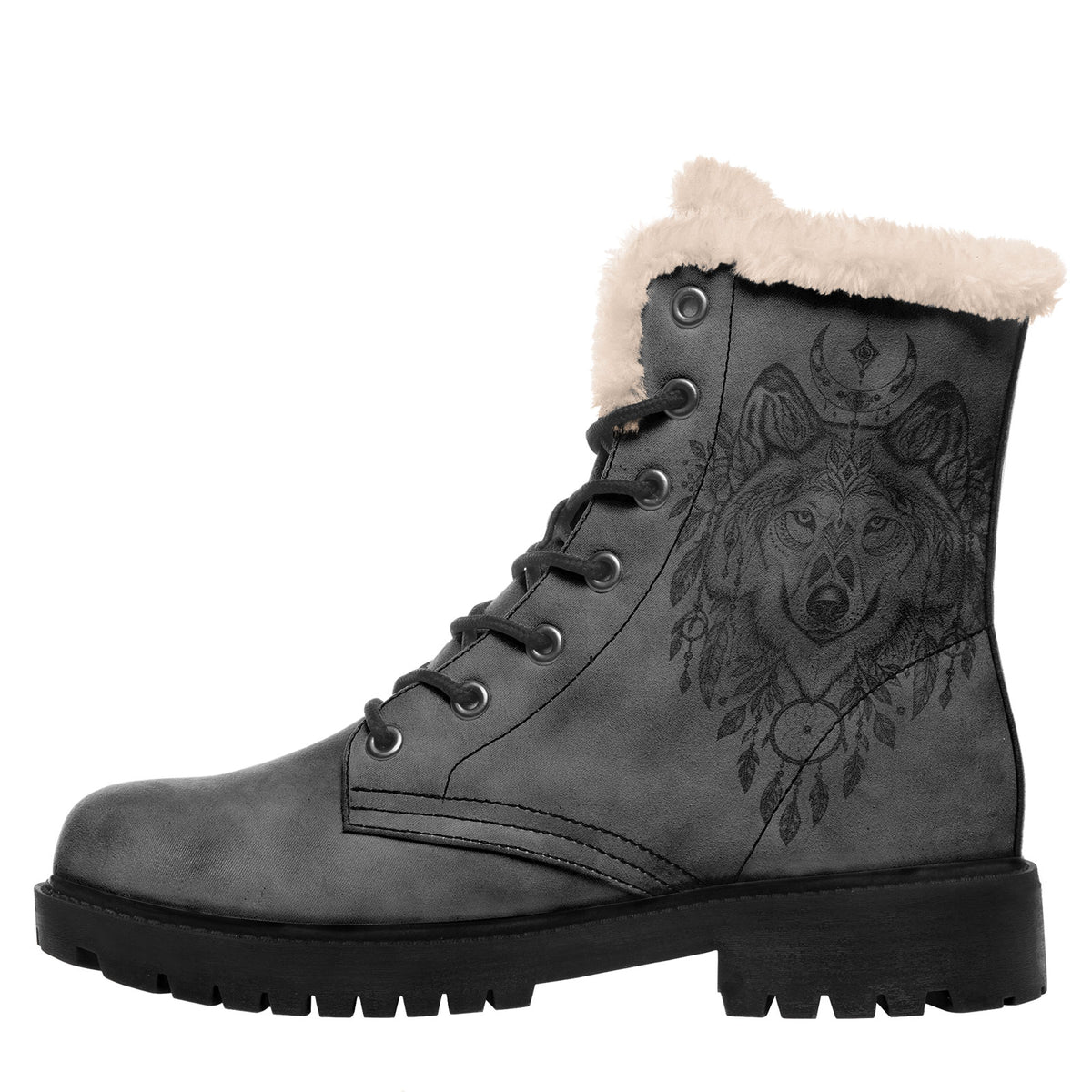 Personalized Boho Wolf Floral Combat Boots – Cozy Fur Lined Winter Snow Boots, Custom Gift for Her