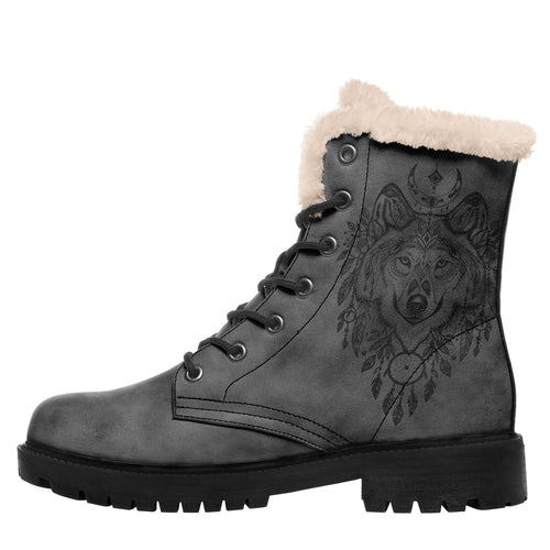 Personalized Boho Wolf Floral Combat Boots – Cozy Fur Lined Winter Snow Boots, Custom Gift for Her