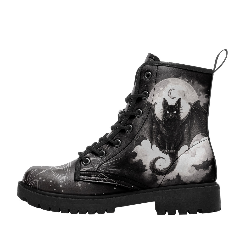 Personalized Witchy Bat Cat Leather Boots – Mystical Moon & All-Seeing Eye Combat Boots, Custom Goth Gift