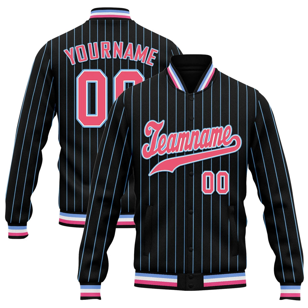 Custom Black Blue Stripe Fashion Jacket Bomber Full-Snap Varsity Letterman Personalized Jacket FZ005-D020219-30 - Coolcustomize