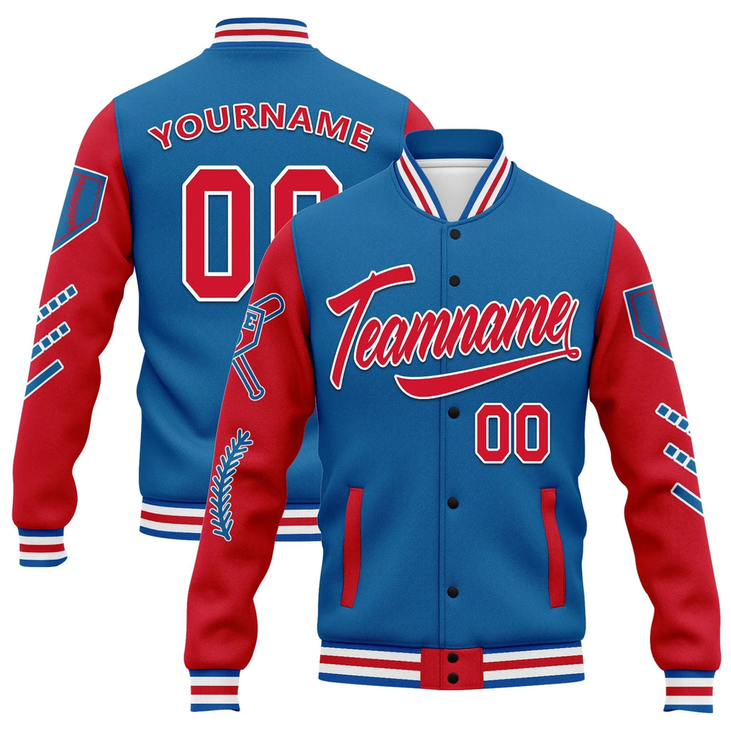 Custom Blue Red Raglan Sleeves Jacket Bomber Full-Snap Varsity Letterman Personalized Jacket FZ005-D023002-4 - Coolcustomize