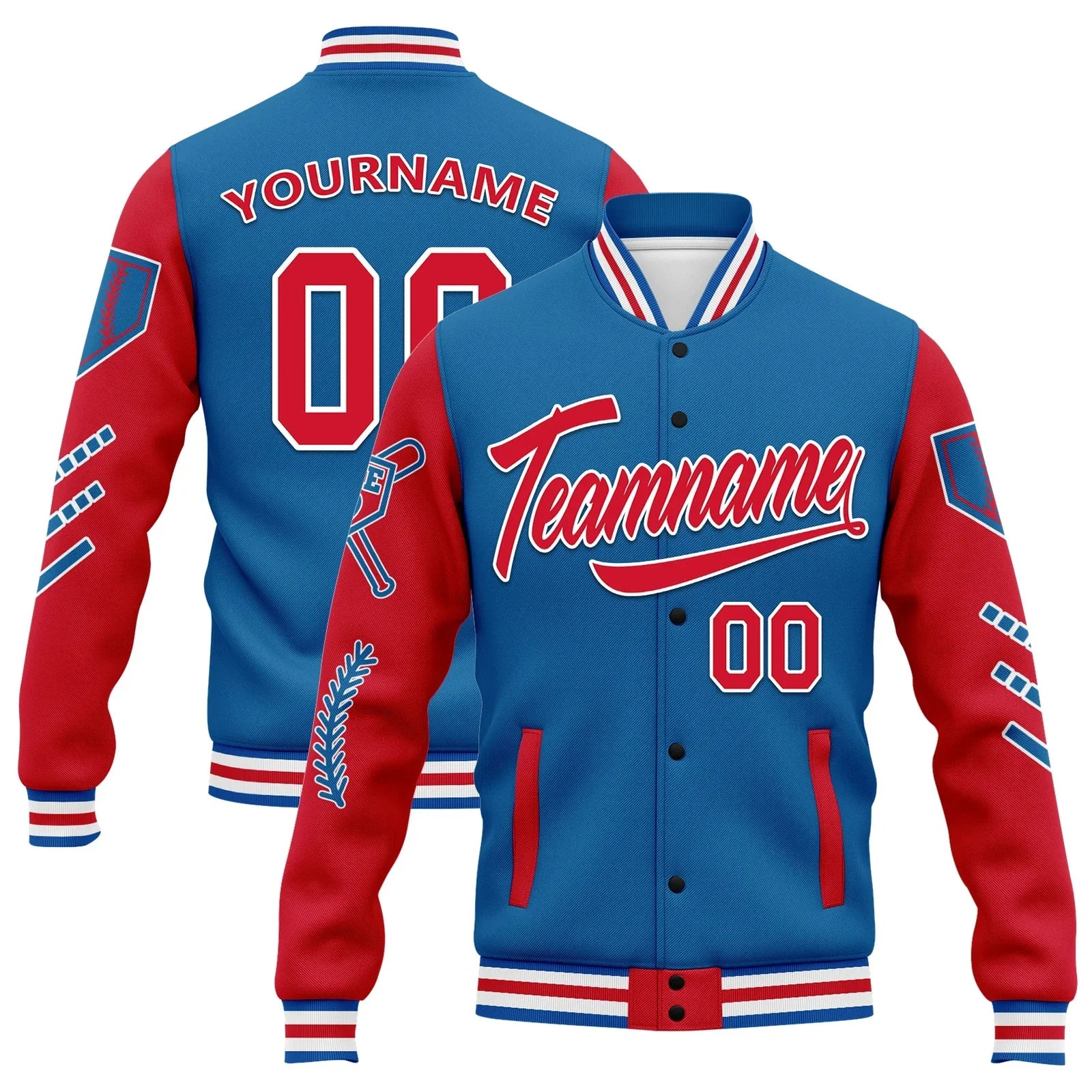 Custom Blue Red Raglan Sleeves Jacket Bomber Full-Snap Varsity Letterman Personalized Jacket FZ005-D023002-4 - Coolcustomize