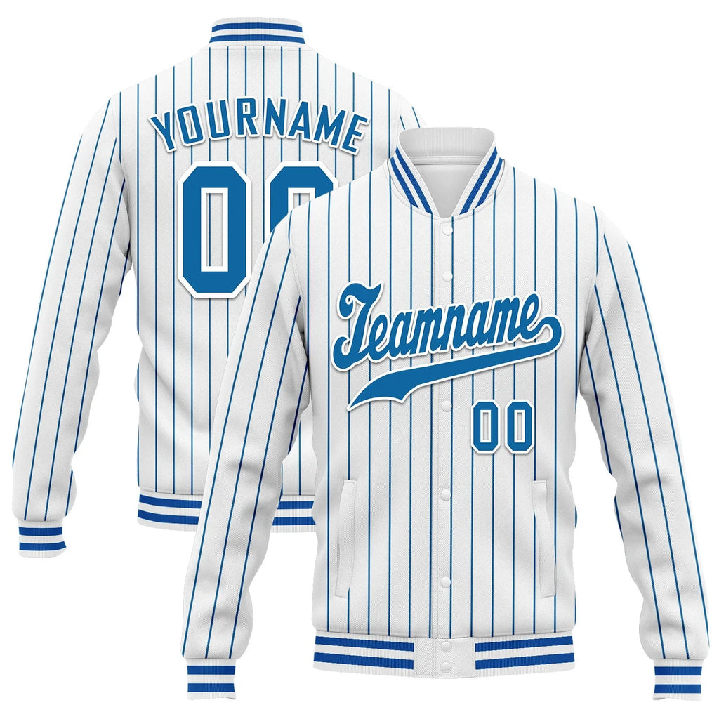 Custom Blue White Stripe Fashion Jacket Bomber Full-Snap Varsity Letterman Personalized Jacket FZ005-D020219-19 - Coolcustomize
