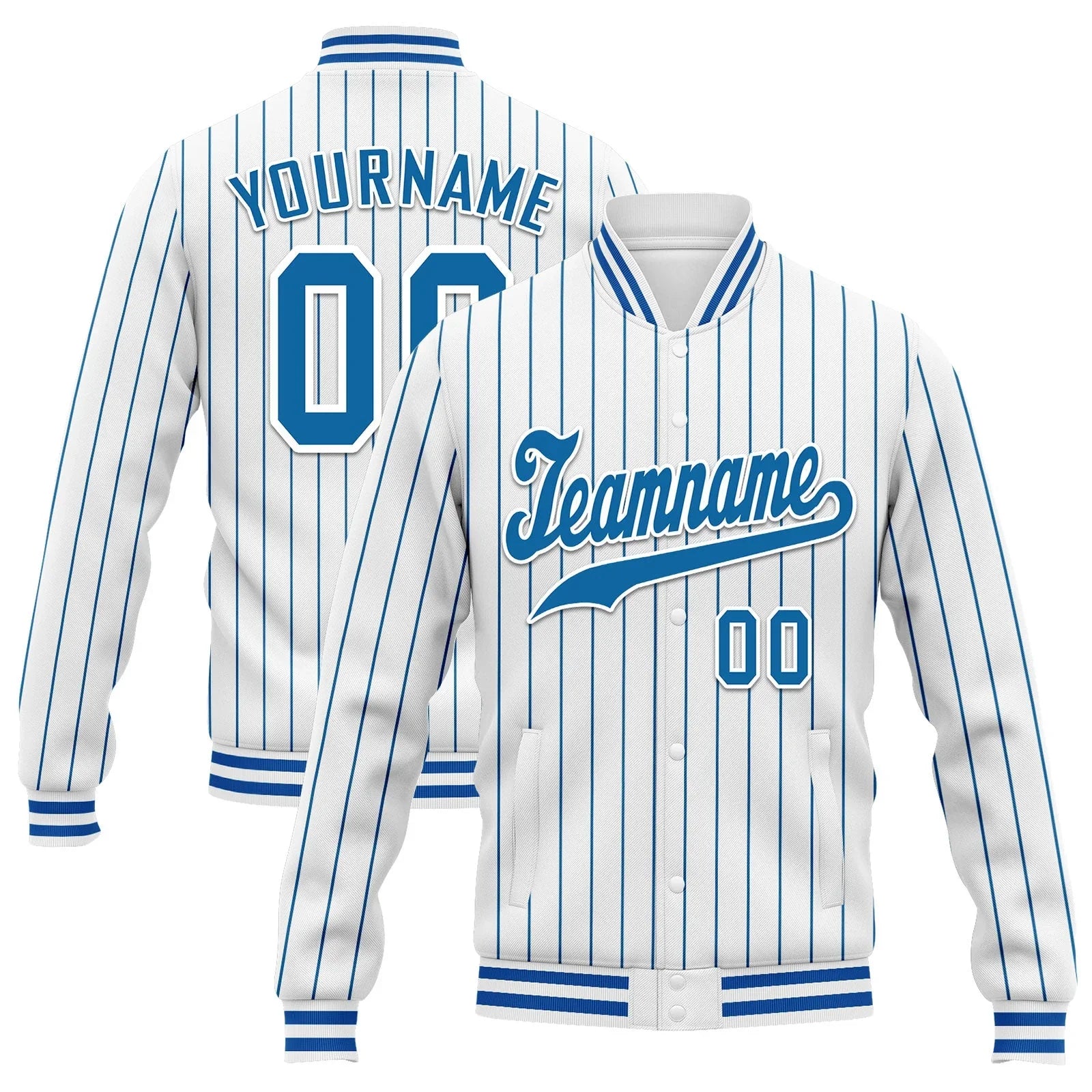 Custom Blue White Stripe Fashion Jacket Bomber Full-Snap Varsity Letterman Personalized Jacket FZ005-D020219-19 - Coolcustomize