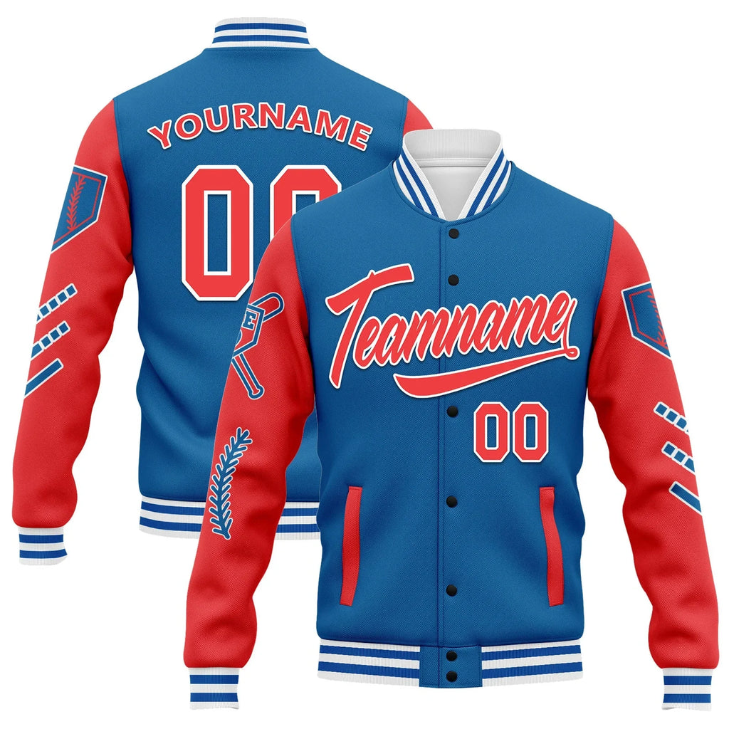 Custom Blue Red Raglan Sleeves Jacket Bomber Full-Snap Varsity Letterman Personalized Jacket FZ005-D023002-2 - Coolcustomize