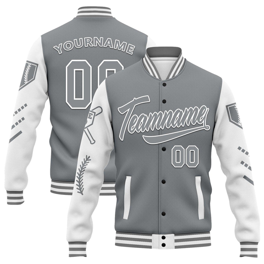 Custom Gray White Raglan Sleeves Jacket Bomber Full-Snap Varsity Letterman Personalized Jacket FZ005-D023002-10 - Coolcustomize