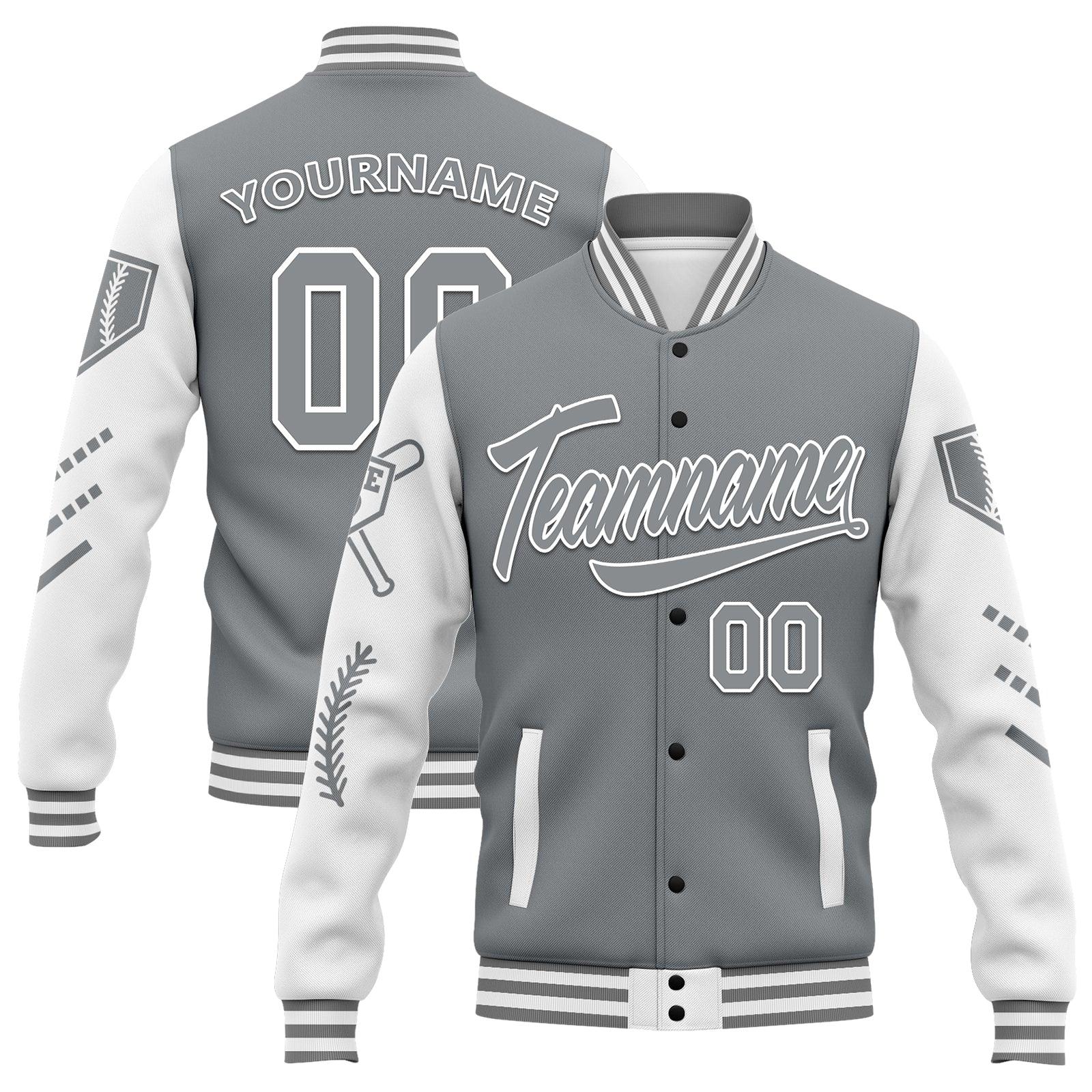 Custom Gray White Raglan Sleeves Jacket Bomber Full-Snap Varsity Letterman Personalized Jacket FZ005-D023002-10 - Coolcustomize