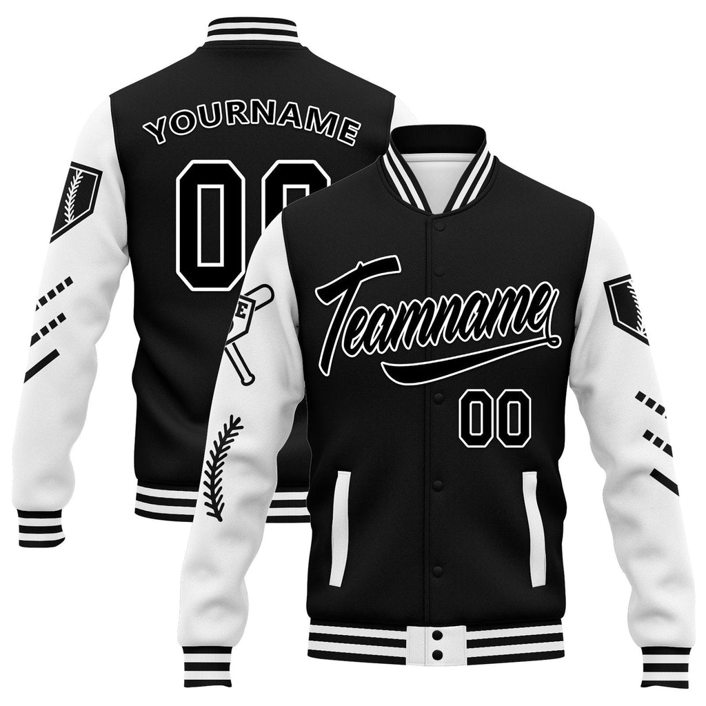 Custom Black White Raglan Sleeves Jacket Bomber Full-Snap Varsity Letterman Personalized Jacket FZ005-D023002-8 - Coolcustomize