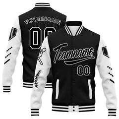 Custom Black White Raglan Sleeves Jacket Bomber Full-Snap Varsity Letterman Personalized Jacket FZ005-D023002-8