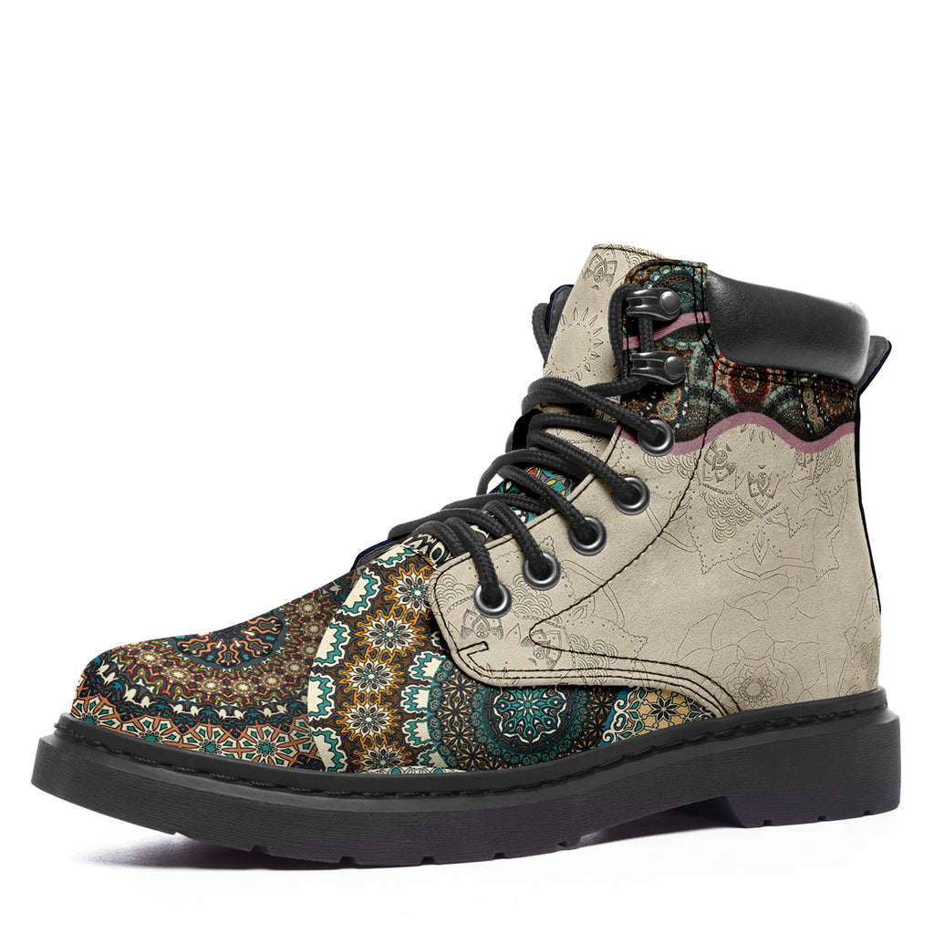 Personalized Moroccan Mosaic Combat Boots – Retro Padded Collar Floral Leather Boots, Custom Gift for Her