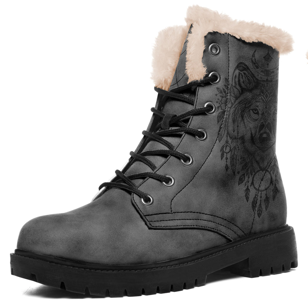 Personalized Boho Wolf Floral Combat Boots – Cozy Fur Lined Winter Snow Boots, Custom Gift for Her