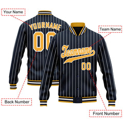 Custom Navy Yellow Stripe Fashion Jacket Bomber Full-Snap Varsity Letterman Personalized Jacket FZ005-D020219-21