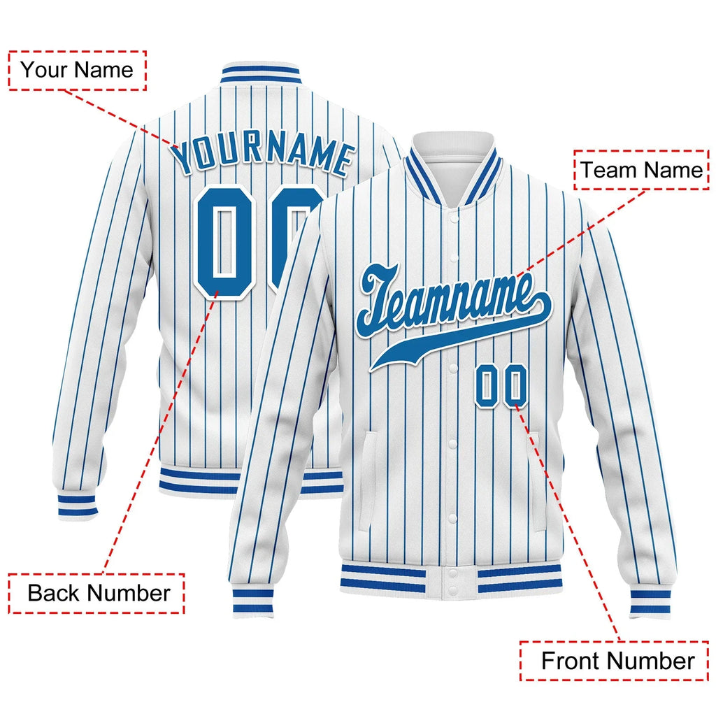 Custom Blue White Stripe Fashion Jacket Bomber Full-Snap Varsity Letterman Personalized Jacket FZ005-D020219-19 - Coolcustomize