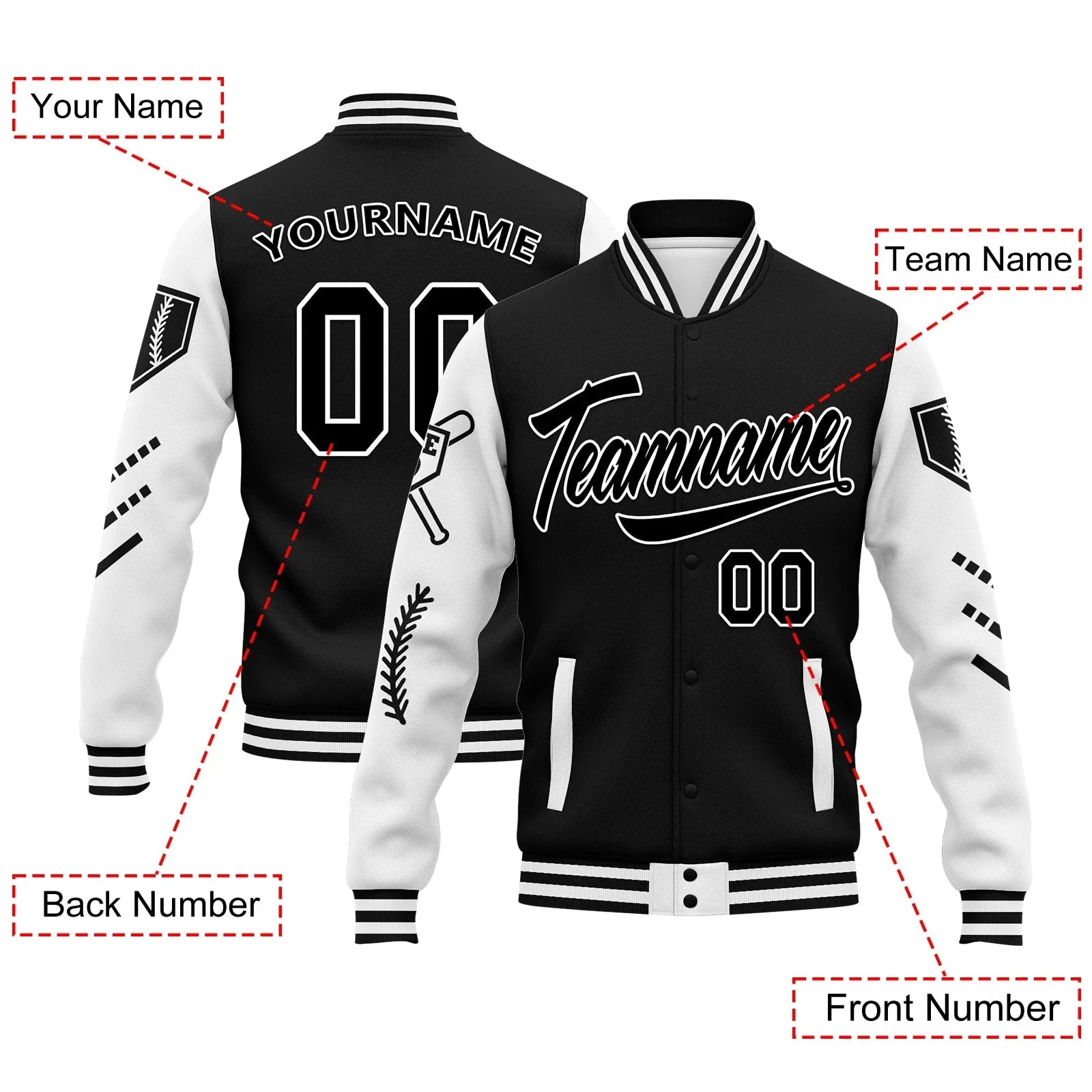 Custom Black White Raglan Sleeves Jacket Bomber Full-Snap Varsity Letterman Personalized Jacket FZ005-D023002-8 - Coolcustomize