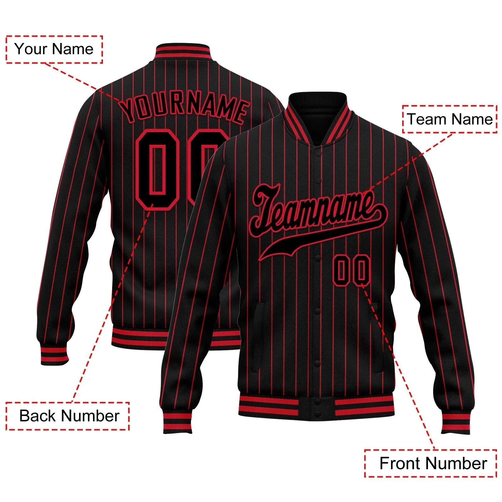 Custom Black Red Stripe Fashion Jacket Bomber Full-Snap Varsity Letterman Personalized Jacket FZ005-D020219-26 - Coolcustomize
