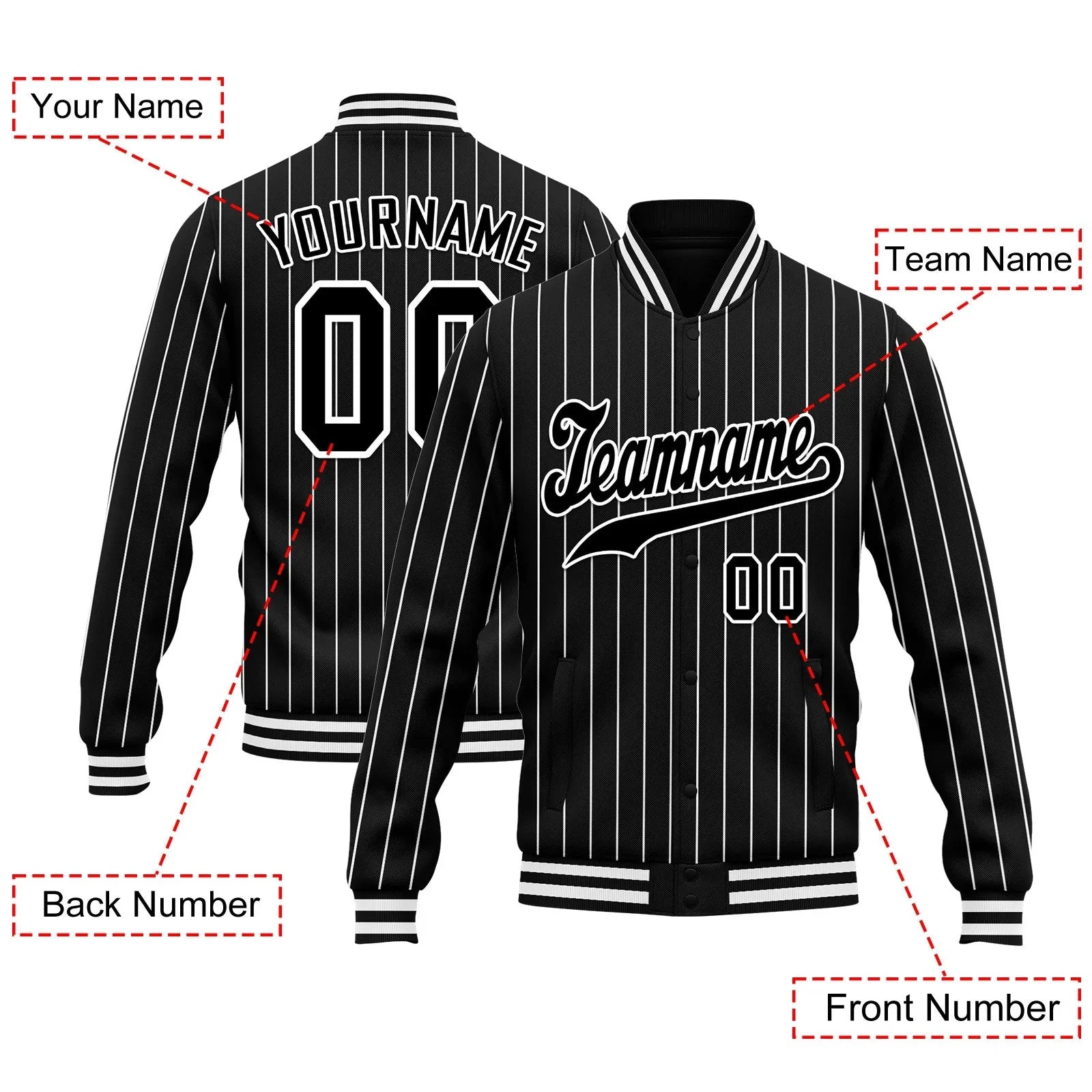 Custom Black White Stripe Fashion Jacket Bomber Full-Snap Varsity Letterman Personalized Jacket FZ005-D020219-1 - Coolcustomize