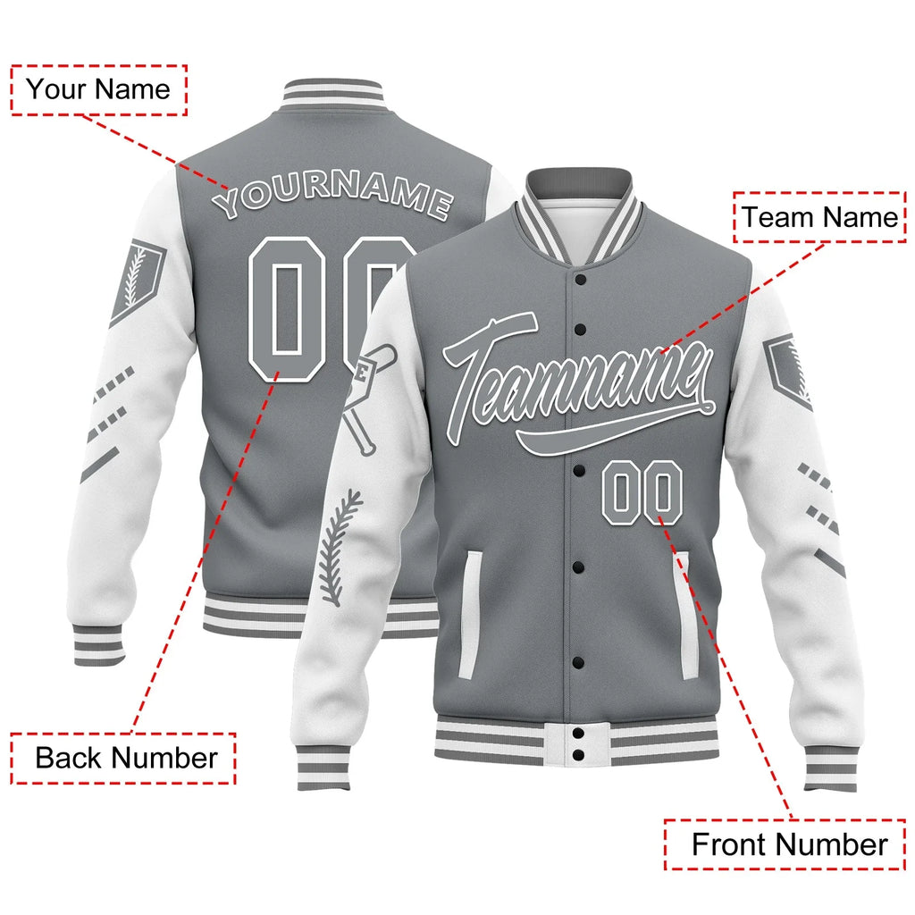 Custom Gray White Raglan Sleeves Jacket Bomber Full-Snap Varsity Letterman Personalized Jacket FZ005-D023002-10 - Coolcustomize