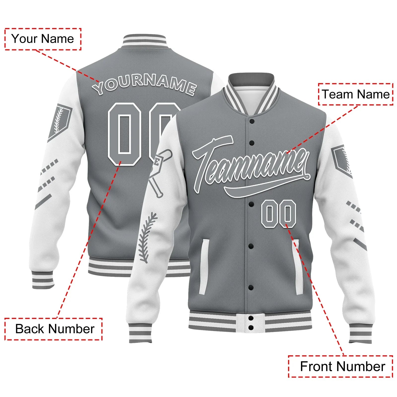 Custom Gray White Raglan Sleeves Jacket Bomber Full-Snap Varsity Letterman Personalized Jacket FZ005-D023002-10 - Coolcustomize