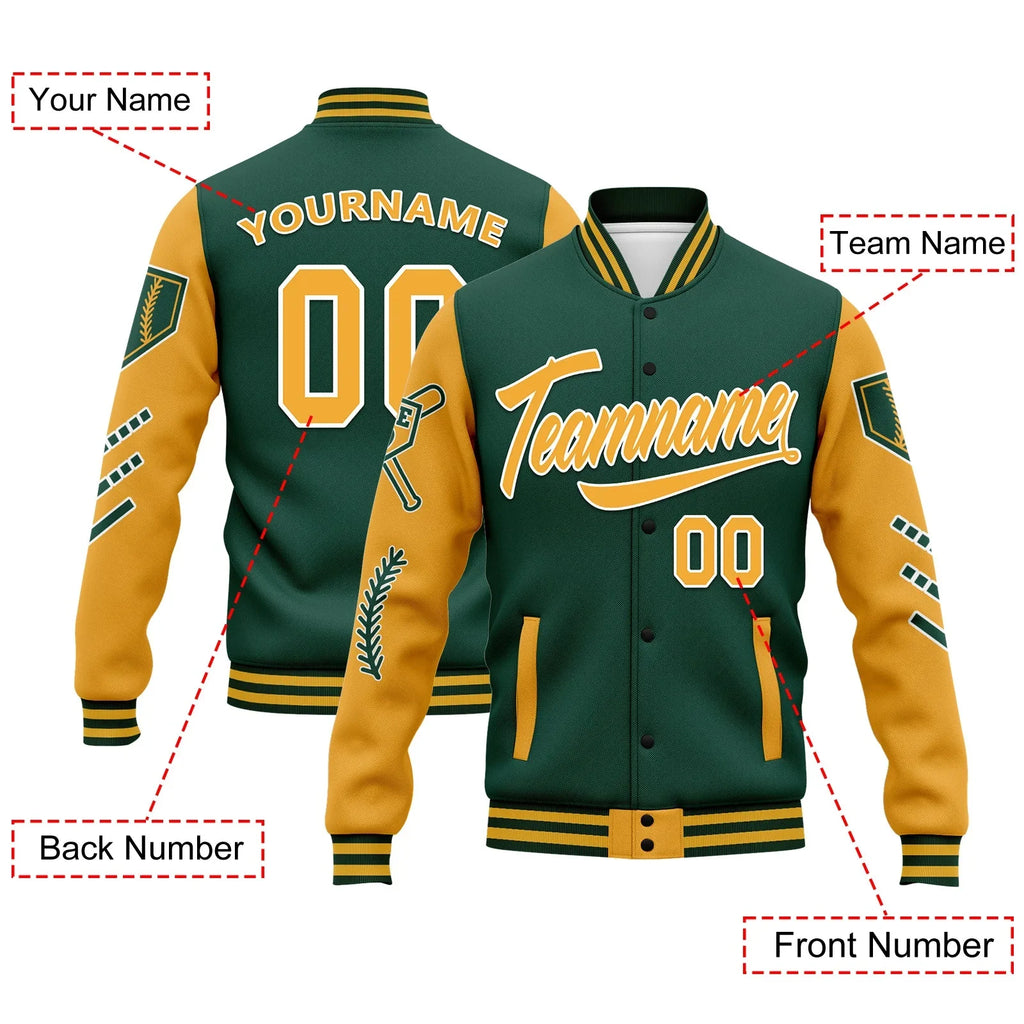 Custom Green Yellow Raglan Sleeves Jacket Bomber Full-Snap Varsity Letterman Personalized Jacket FZ005-D023002-9 - Coolcustomize