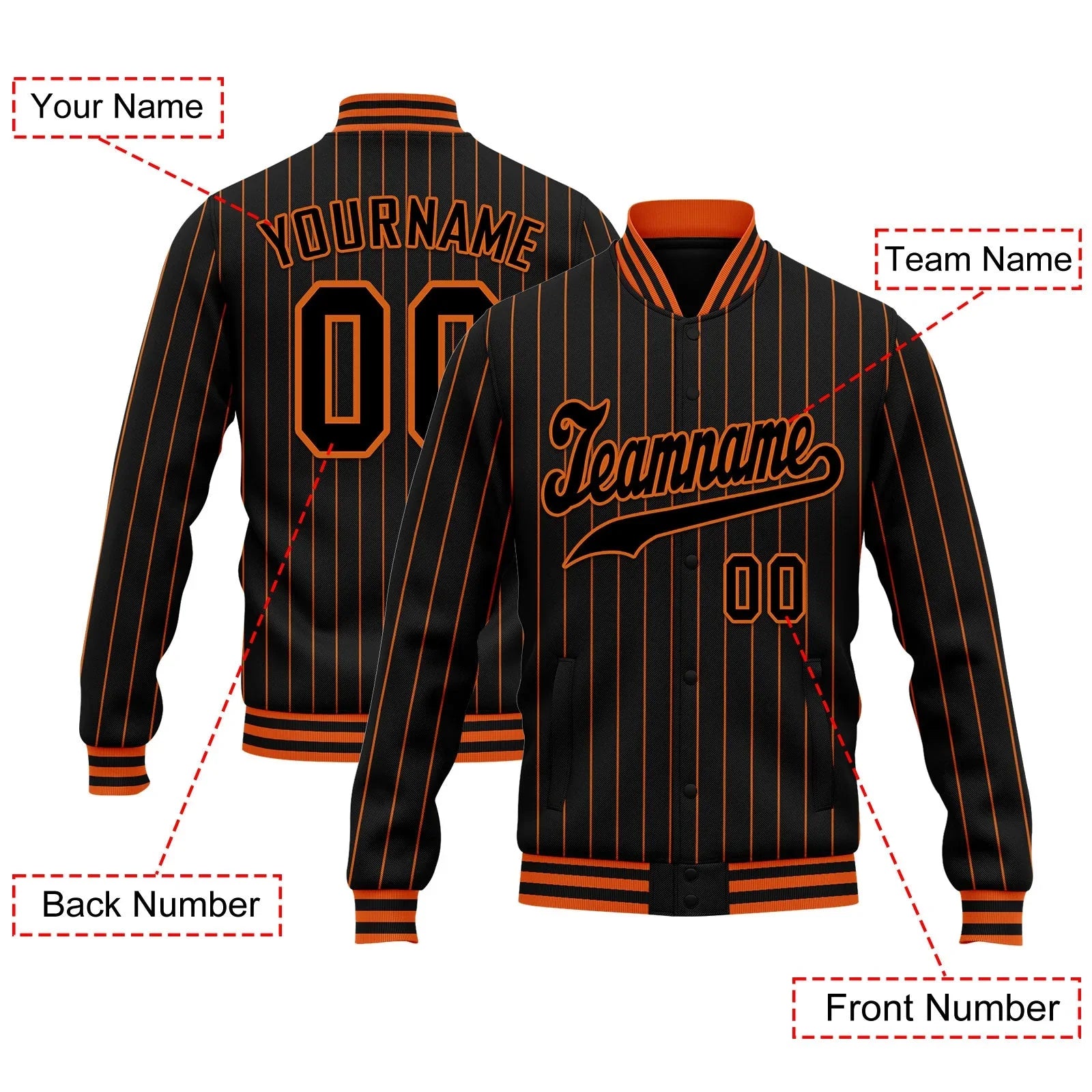 Custom Black Orange Stripe Fashion Jacket Bomber Full-Snap Varsity Letterman Personalized Jacket FZ005-D020219-3 - Coolcustomize