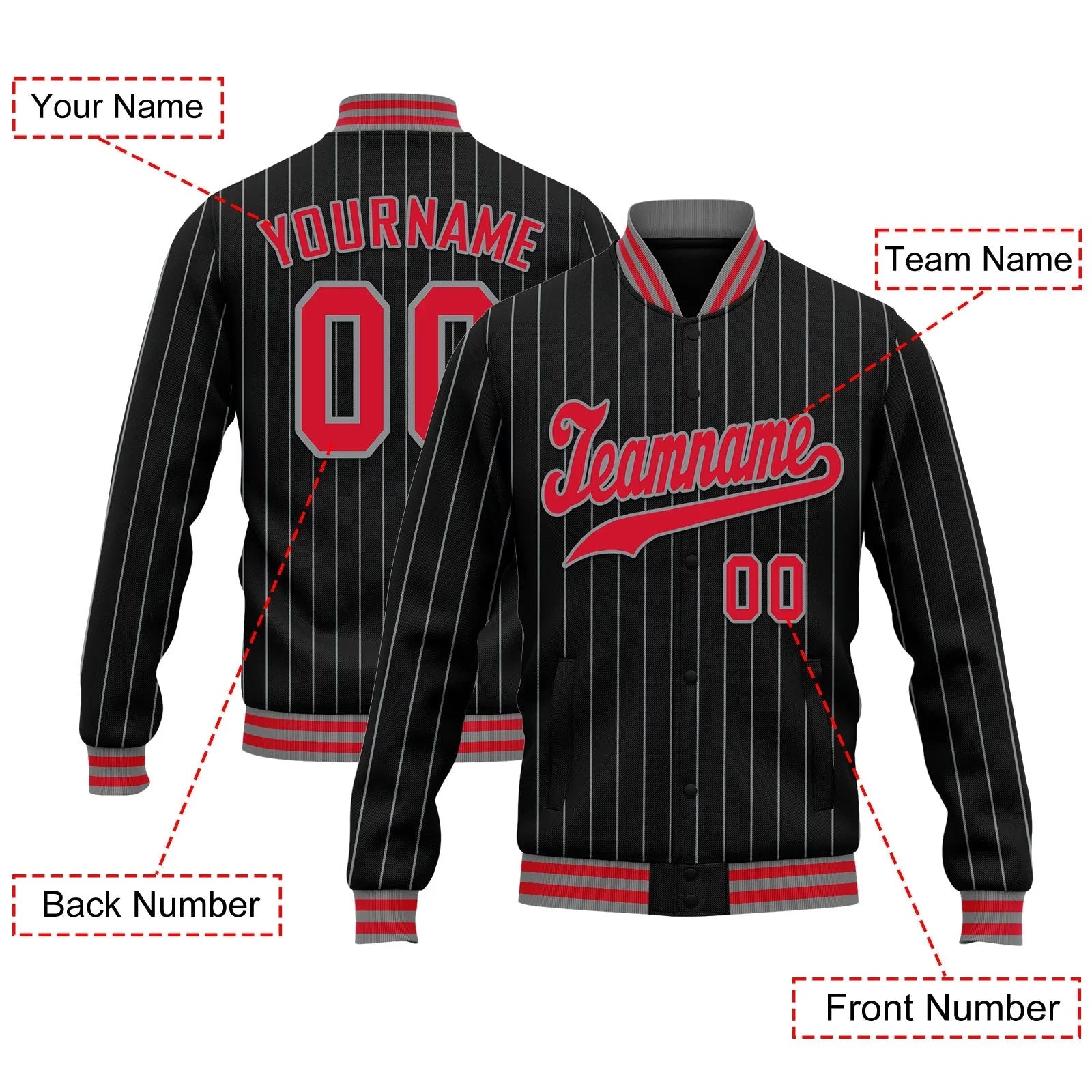 Custom Black Navy Stripe Fashion Jacket Bomber Full-Snap Varsity Letterman Personalized Jacket FZ005-D020219-27 - Coolcustomize