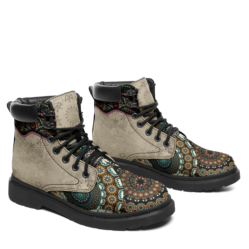 Personalized Moroccan Mosaic Combat Boots – Retro Padded Collar Floral Leather Boots, Custom Gift for Her