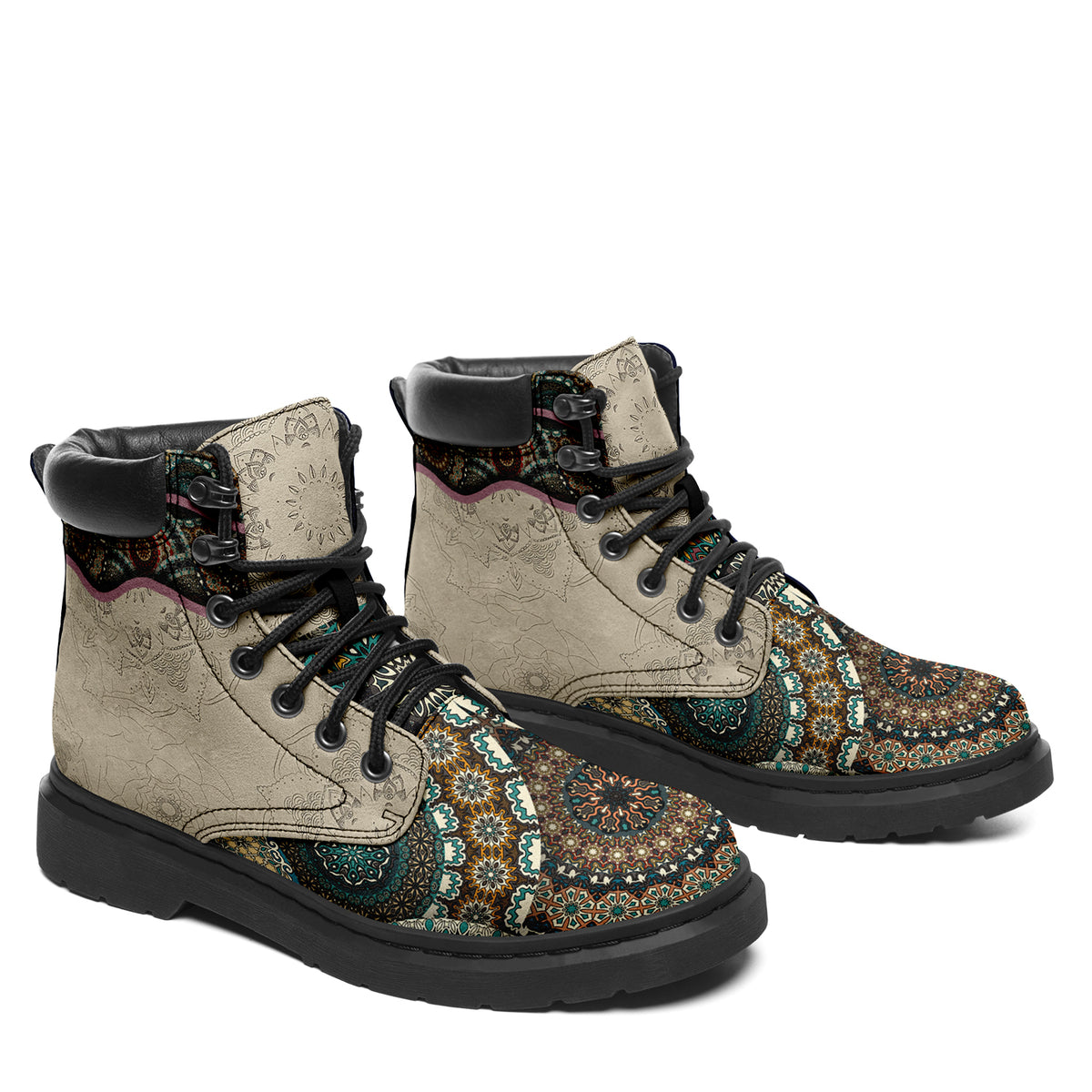Personalized Moroccan Mosaic Combat Boots – Retro Padded Collar Floral Leather Boots, Custom Gift for Her