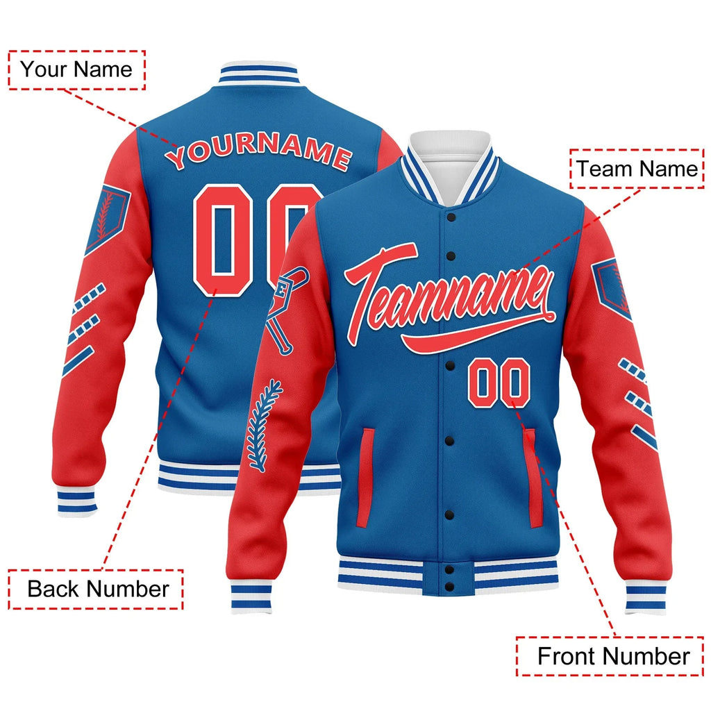 Custom Blue Red Raglan Sleeves Jacket Bomber Full-Snap Varsity Letterman Personalized Jacket FZ005-D023002-2 - Coolcustomize