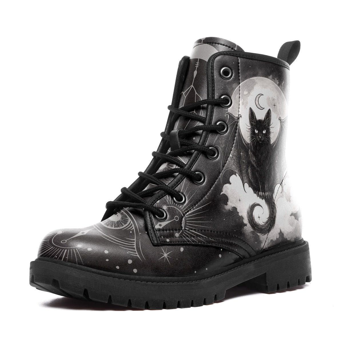 Personalized Witchy Bat Cat Leather Boots – Mystical Moon & All-Seeing Eye Combat Boots, Custom Goth Gift
