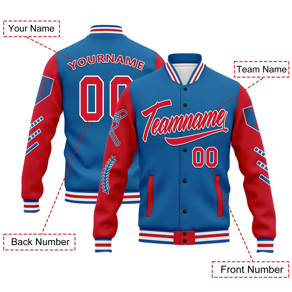 Custom Blue Red Raglan Sleeves Jacket Bomber Full-Snap Varsity Letterman Personalized Jacket FZ005-D023002-4 - Coolcustomize