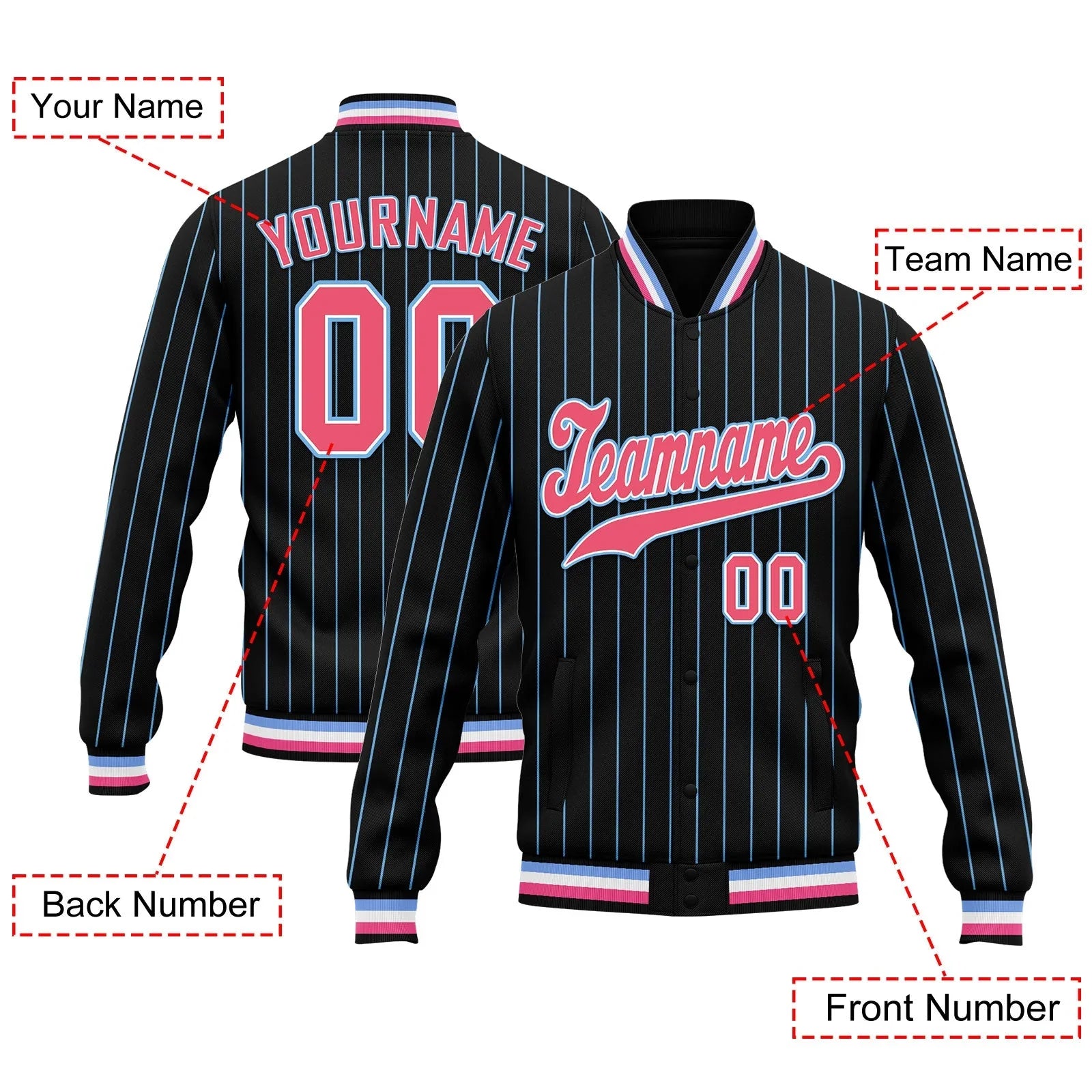 Custom Black Blue Stripe Fashion Jacket Bomber Full-Snap Varsity Letterman Personalized Jacket FZ005-D020219-30 - Coolcustomize