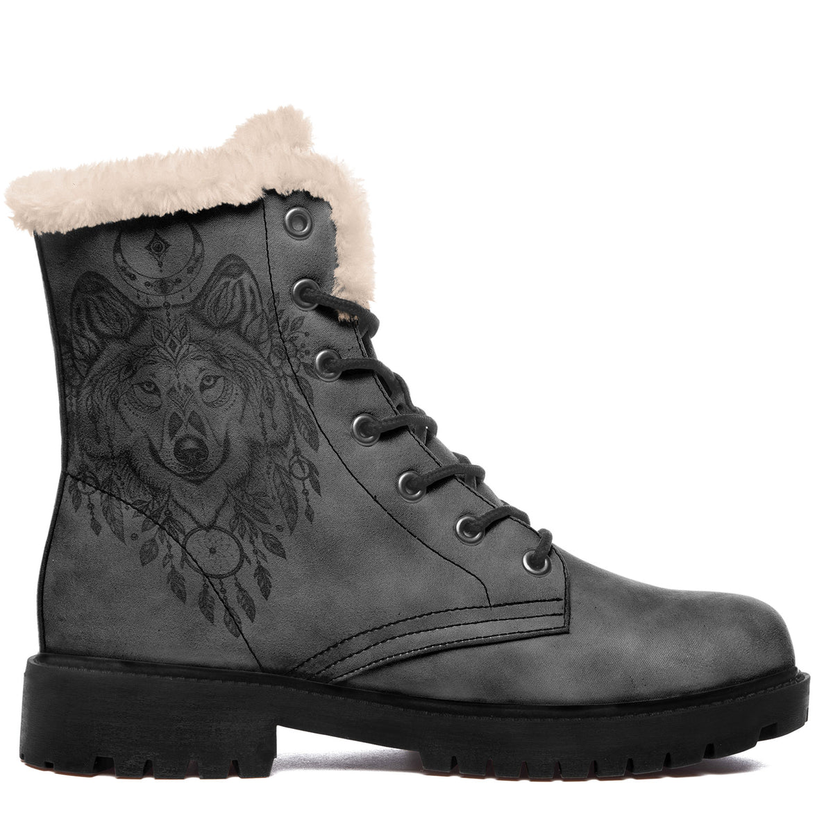 Personalized Boho Wolf Floral Combat Boots – Cozy Fur Lined Winter Snow Boots, Custom Gift for Her