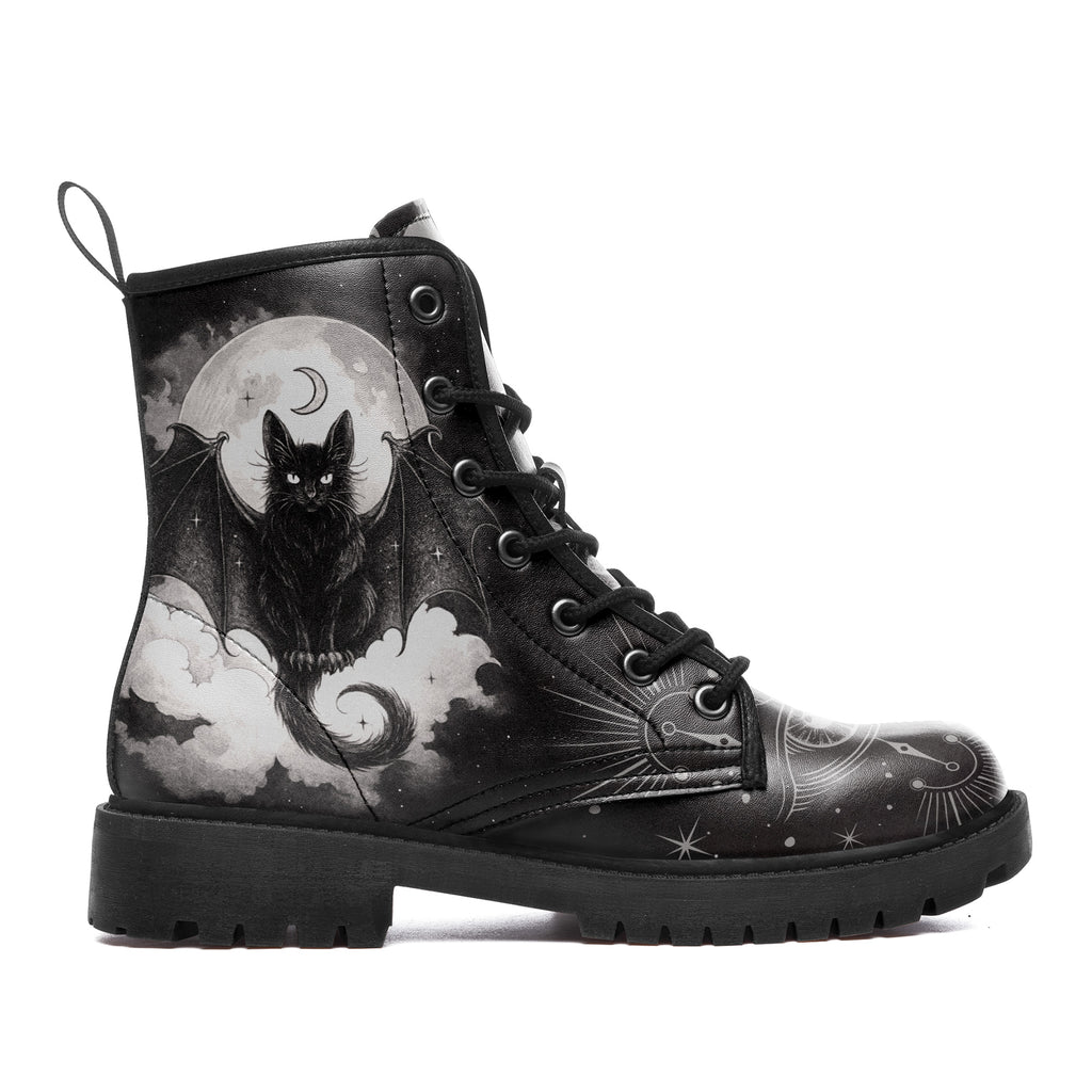 Personalized Witchy Bat Cat Leather Boots – Mystical Moon & All-Seeing Eye Combat Boots, Custom Goth Gift