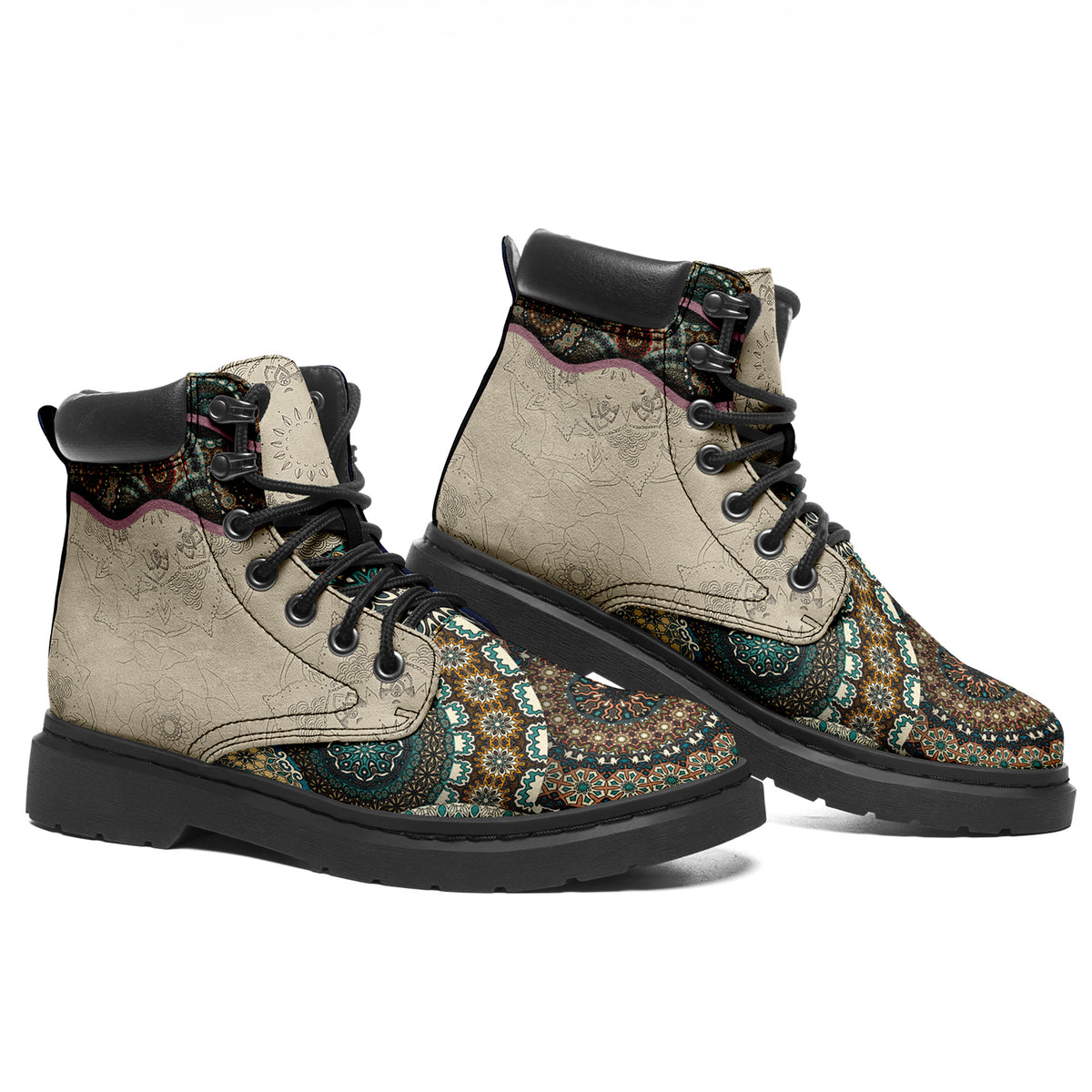 Personalized Moroccan Mosaic Combat Boots – Retro Padded Collar Floral Leather Boots, Custom Gift for Her