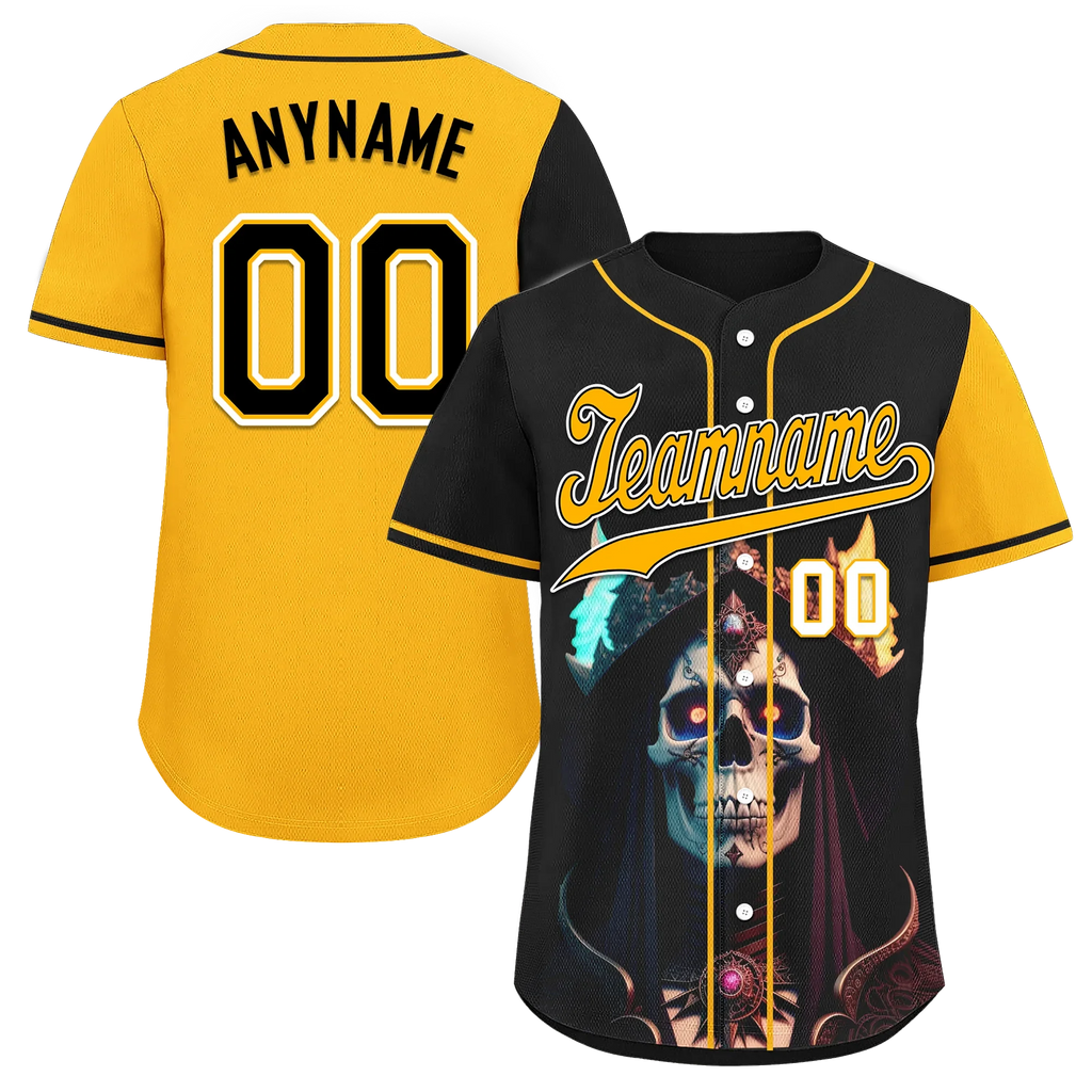Custom Black Yellow Skull Fashion Personalized Authentic Baseball Jersey BSBJ01-D017155 - Coolcustomize