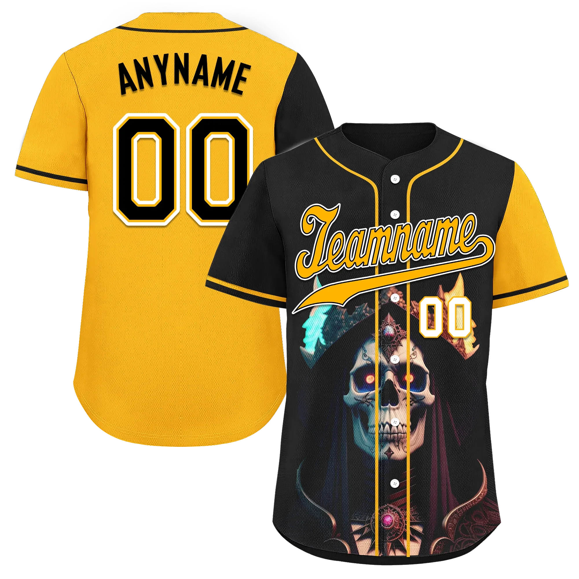 Custom Black Yellow Skull Fashion Personalized Authentic Baseball Jersey BSBJ01-D017155 - Coolcustomize