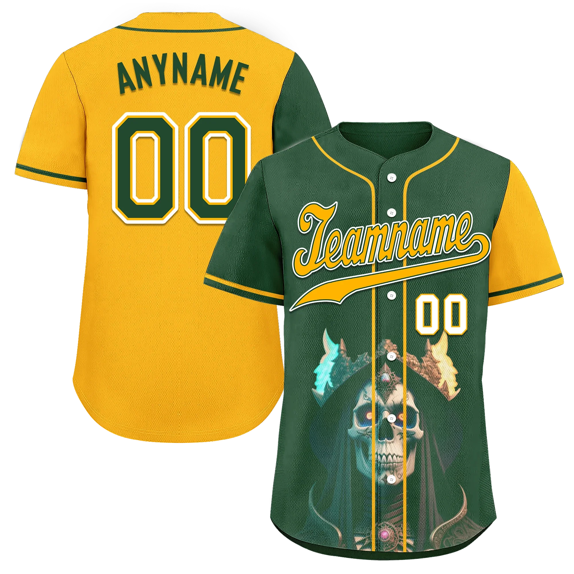 Custom Green Yellow Skull Fashion Personalized Authentic Baseball Jersey BSBJ01-D017154 - Coolcustomize