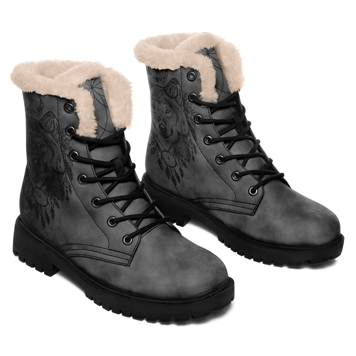 Personalized Boho Wolf Floral Combat Boots – Cozy Fur Lined Winter Snow Boots, Custom Gift for Her