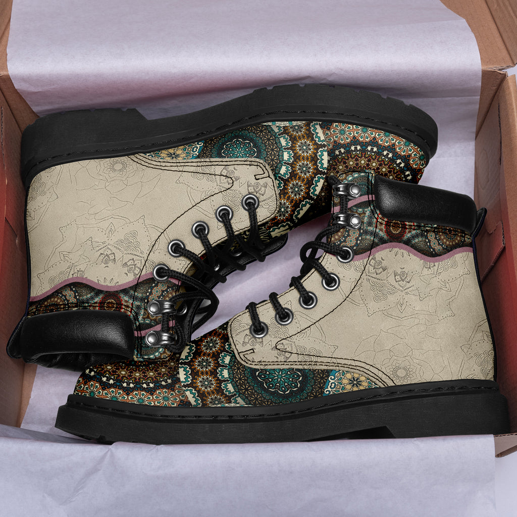 Personalized Moroccan Mosaic Combat Boots – Retro Padded Collar Floral Leather Boots, Custom Gift for Her