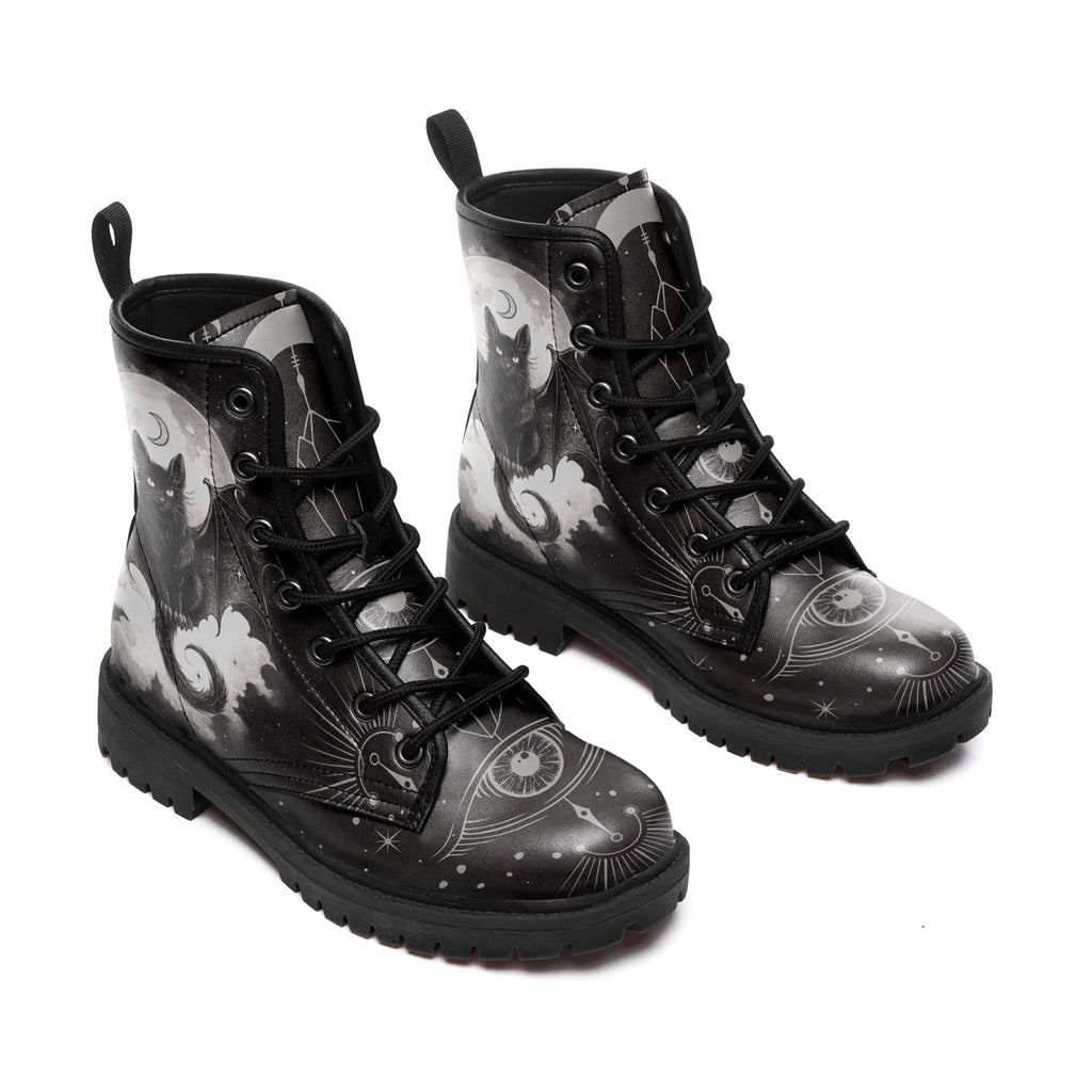 Personalized Witchy Bat Cat Leather Boots – Mystical Moon & All-Seeing Eye Combat Boots, Custom Goth Gift
