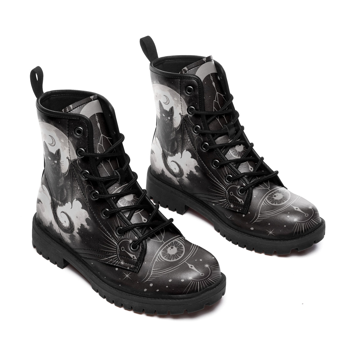 Personalized Witchy Bat Cat Leather Boots – Mystical Moon & All-Seeing Eye Combat Boots, Custom Goth Gift