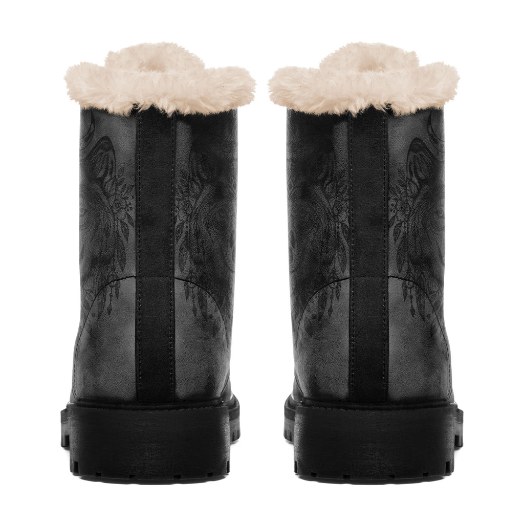 Personalized Boho Wolf Floral Combat Boots – Cozy Fur Lined Winter Snow Boots, Custom Gift for Her
