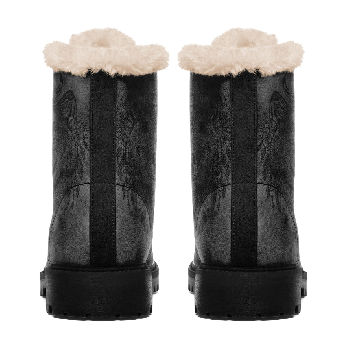 Personalized Boho Wolf Floral Combat Boots – Cozy Fur Lined Winter Snow Boots, Custom Gift for Her