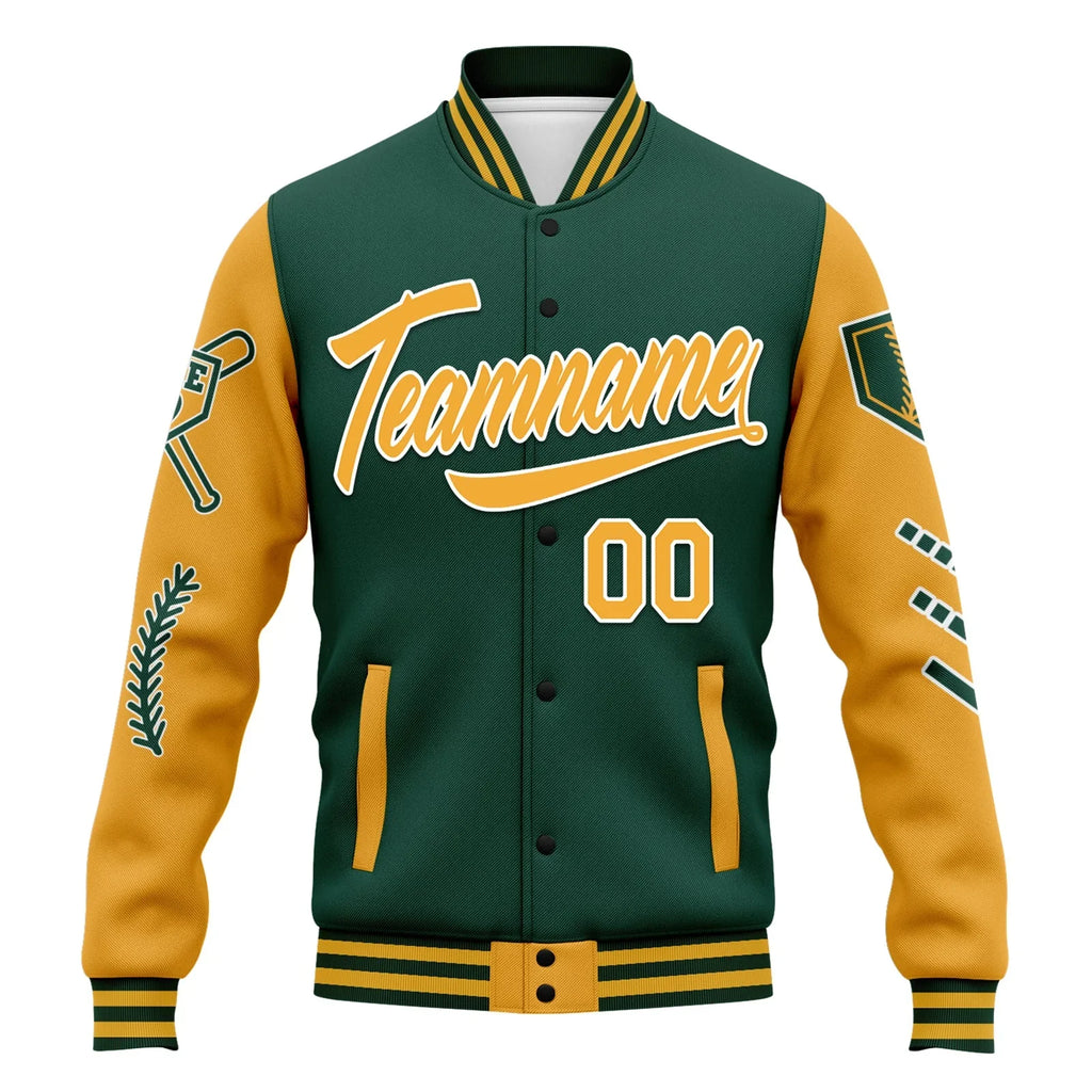 Custom Green Yellow Raglan Sleeves Jacket Bomber Full-Snap Varsity Letterman Personalized Jacket FZ005-D023002-9 - Coolcustomize