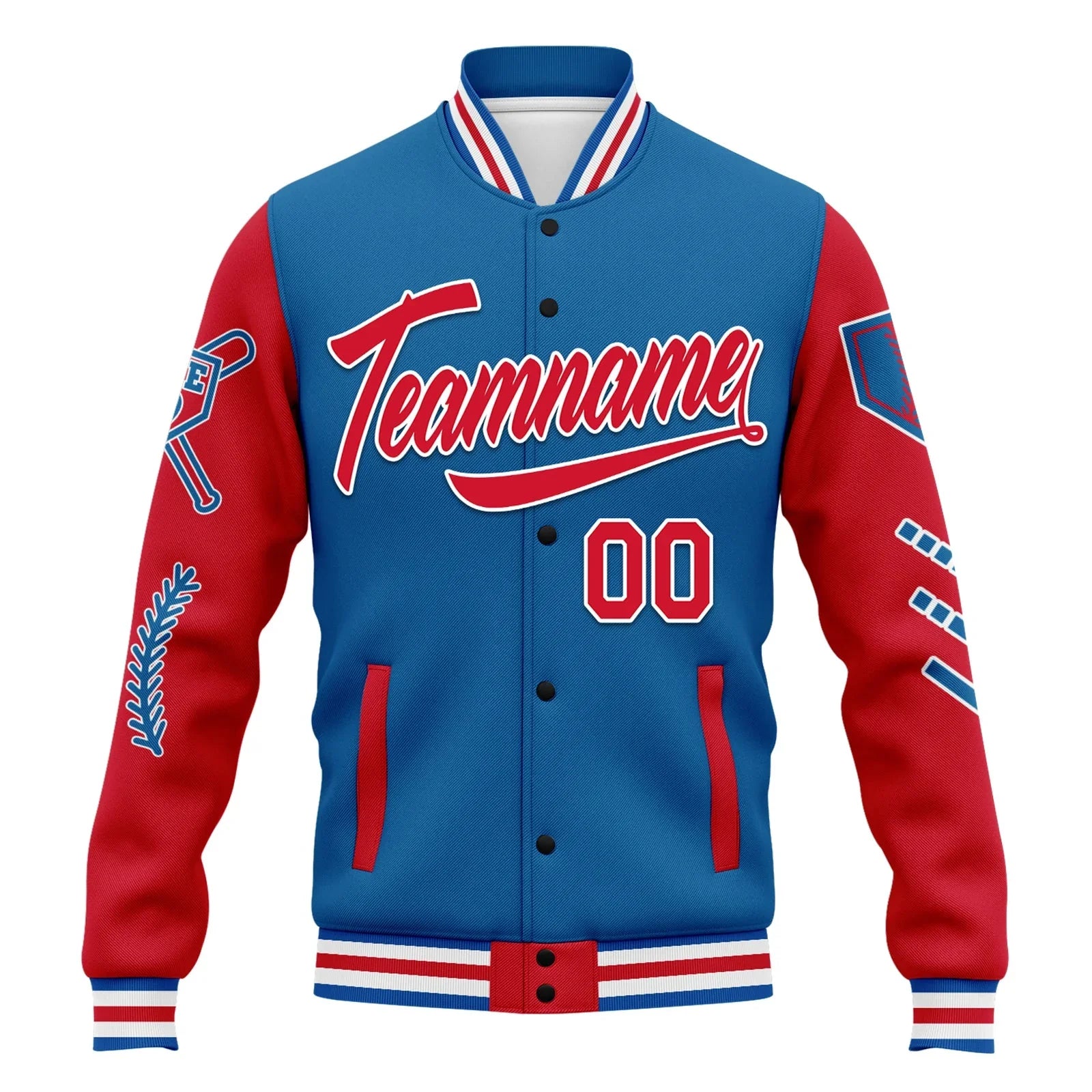 Custom Blue Red Raglan Sleeves Jacket Bomber Full-Snap Varsity Letterman Personalized Jacket FZ005-D023002-4 - Coolcustomize