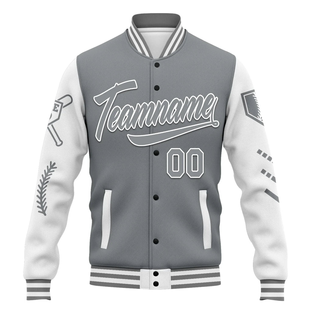 Custom Gray White Raglan Sleeves Jacket Bomber Full-Snap Varsity Letterman Personalized Jacket FZ005-D023002-10 - Coolcustomize