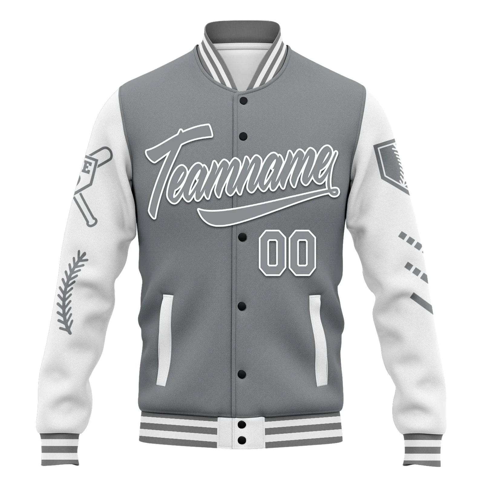 Custom Gray White Raglan Sleeves Jacket Bomber Full-Snap Varsity Letterman Personalized Jacket FZ005-D023002-10 - Coolcustomize