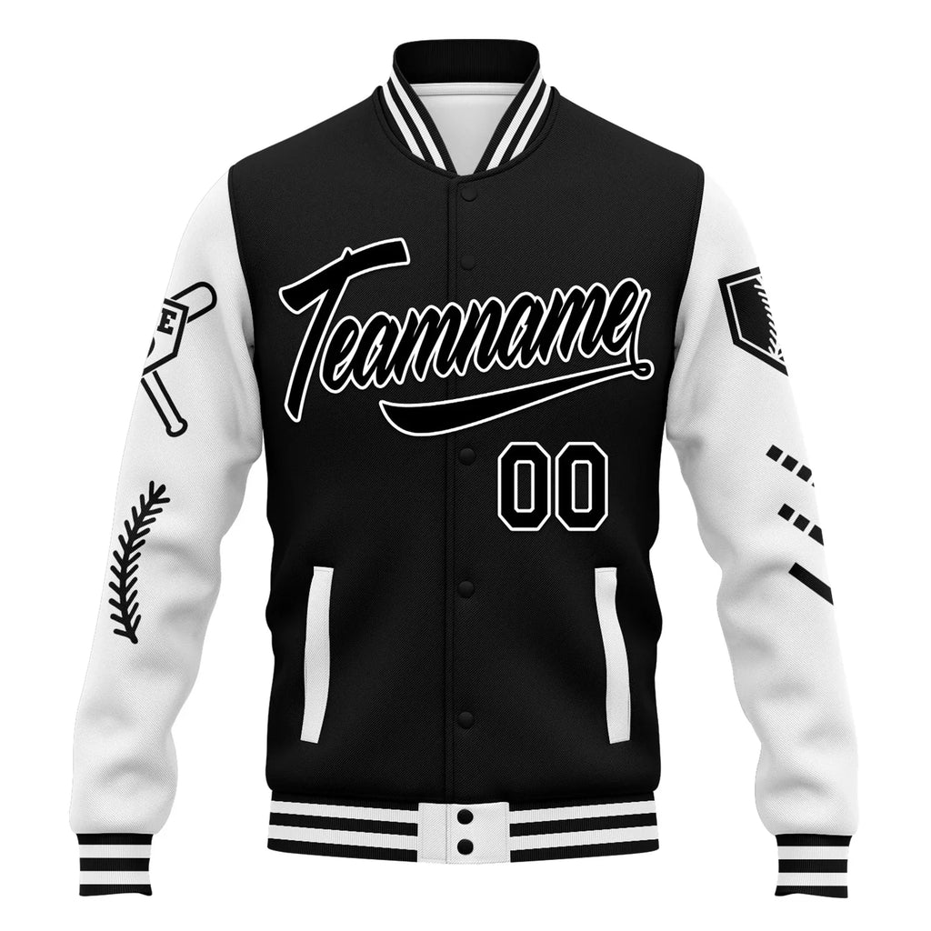 Custom Black White Raglan Sleeves Jacket Bomber Full-Snap Varsity Letterman Personalized Jacket FZ005-D023002-8 - Coolcustomize